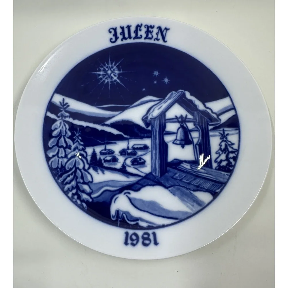 Hackerfors‎ Sweden Christmas Plate 1981 Blue White Winter Scene Wall Decor